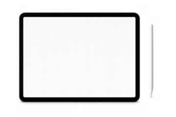 Modern black tablet computer with stylus pen on transparent background displaying blank white screen, ideal for showcasing apps or websites