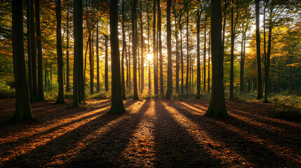 Fototapeta premium Serene Autumn Woods with Sunlight Filtering Through Tall Trees