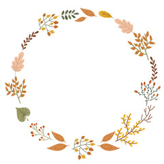 Round frame with autumn theme depicting leaves and branches. Decorative flower arrangement with border for greeting card