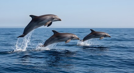 Fototapeta premium Dolphins leaping from the ocean surface showcasing marine animal behavior