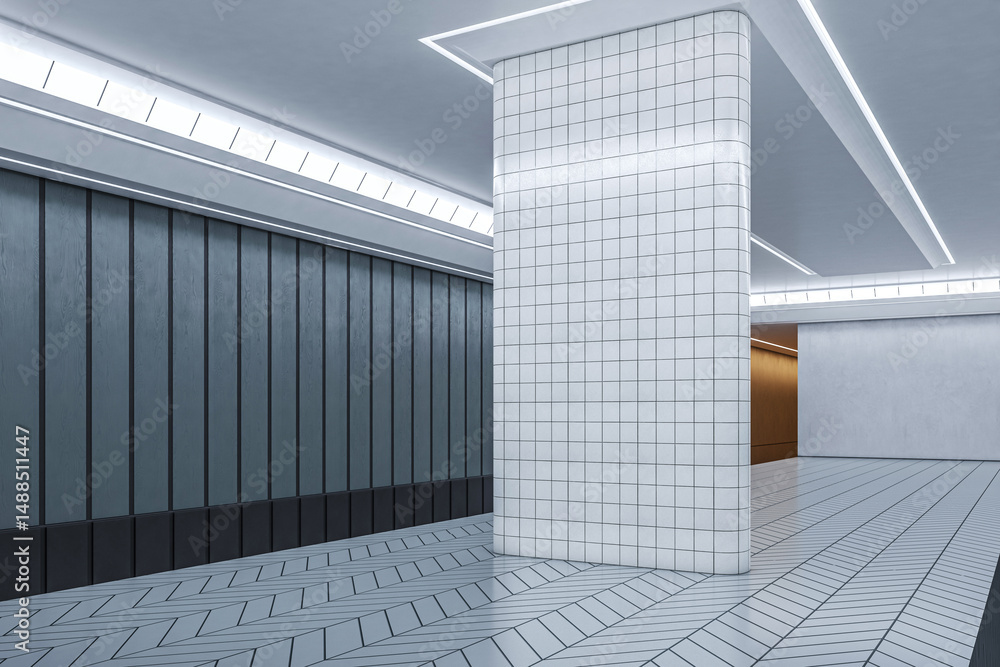 Poster Modern minimalist interior with tiled column and geometric floor in empty contemporary room with clean architectural lighting design concept. 3D Rendering