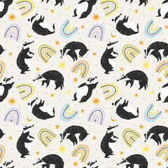Cute cartoon badger animal seamless pattern, illustration background with abstract rainbows sun moon and stars on white for kids textile wallpaper, wrapper