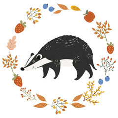 Cute badger animal illustration in an autumn wreath with leaves and berries. Adorable forest wildlife character design for children's book or nursery decor.