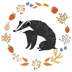Cute badger animal illustration in an autumn wreath with leaves and berries. Adorable forest wildlife character design for children's book or nursery decor.