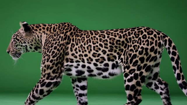Side view of a leopard walking against a green screen, ideal for video editing. Captured at eye level, showcasing its elegant stride and spotted fur.
