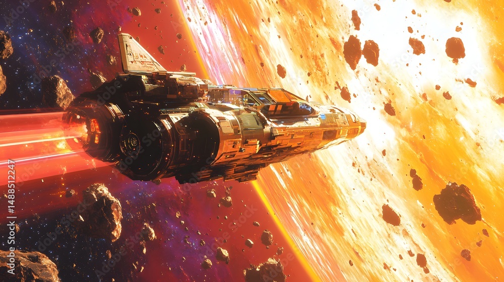Fototapete A detailed spaceship soars through a dynamic cosmic landscape. Asteroids and vibrant nebulas create depth and contrast. Red trails indicate high speed. Astronomy and Galaxy backgrounds.
