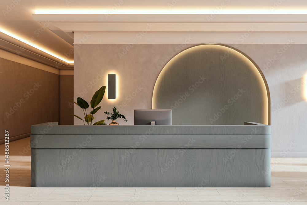 Poster modern minimalist office reception desk mockup with soft lighting, clean design, and blank space for
