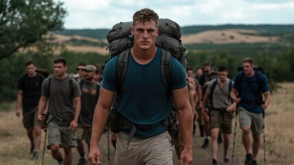 Fototapeta premium Group of hikers trekking through a scenic landscape on a summer afternoon