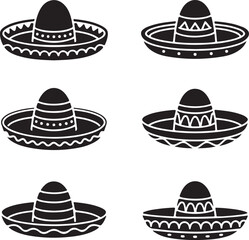 Six Black Sombrero Hat Icons Mexican Culture