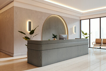 Modern luxury clinic reception interior with large windows, stylish desk, and soft sunlight in calm city view waiting area concept. 3D Rendering