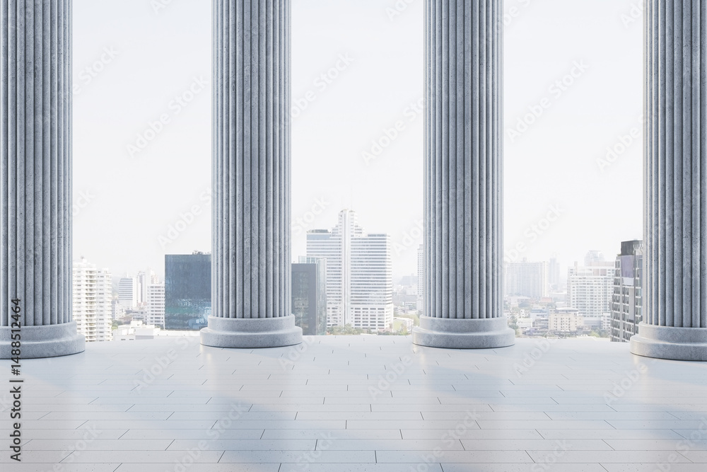 Poster Classical stone columns with cityscape background and soft light on tiled floor, creating a creative architectural contrast scene. 3D Rendering