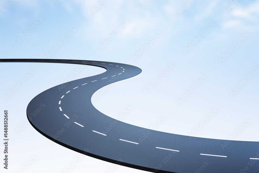 Poster Curved road with dashed lane markings floating in mid-air against a bright sky background, symbolizing way, direction and futuristic path design. 3D Rendering