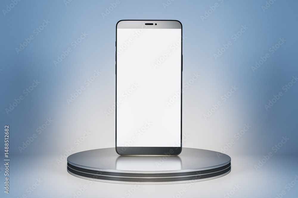 Poster Smartphone mockup with blank screen standing on metallic podium on gradient light blue background for branding and app design presentation template. 3D Rendering