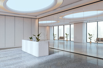 Modern office reception area with white counter, ceiling lights, glass wall, and city view background in a minimalist interior design style. 3D Rendering
