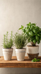 Potted basil, thyme, and rosemary herbs on wooden table, fresh green leaves, indoor gardening, natural light