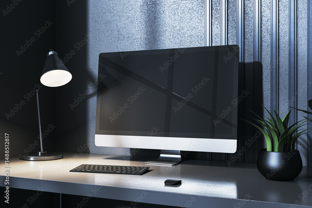 Poster Blank computer monitor mockup on modern desk with keyboard, lamp, and plant in minimal workspace with dark wall background. 3D Rendering