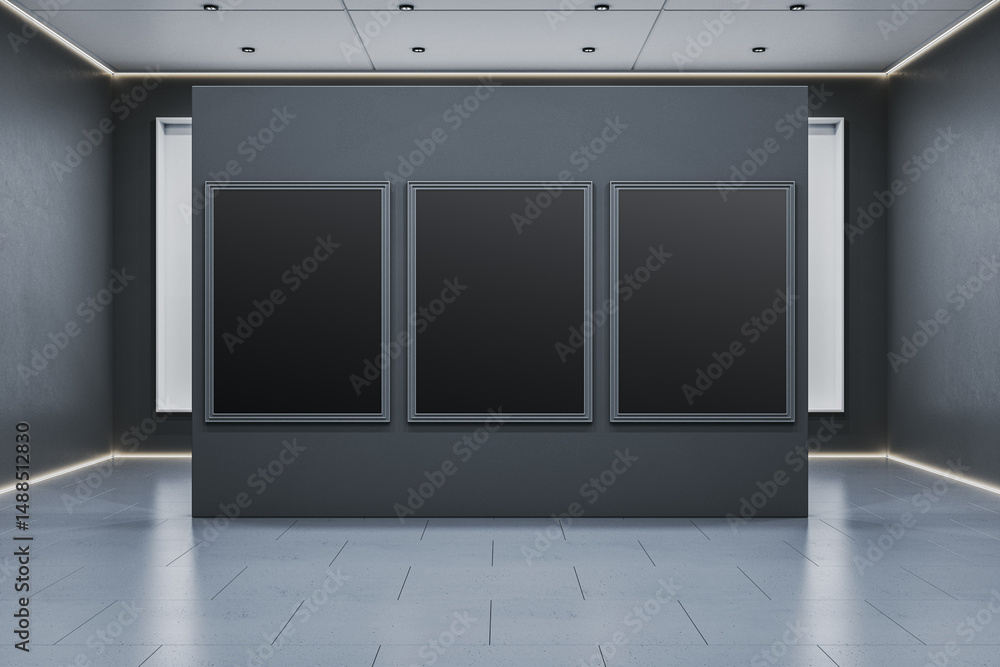 Poster dark modern gallery interior with three blank vertical poster frames on central wall for design mock