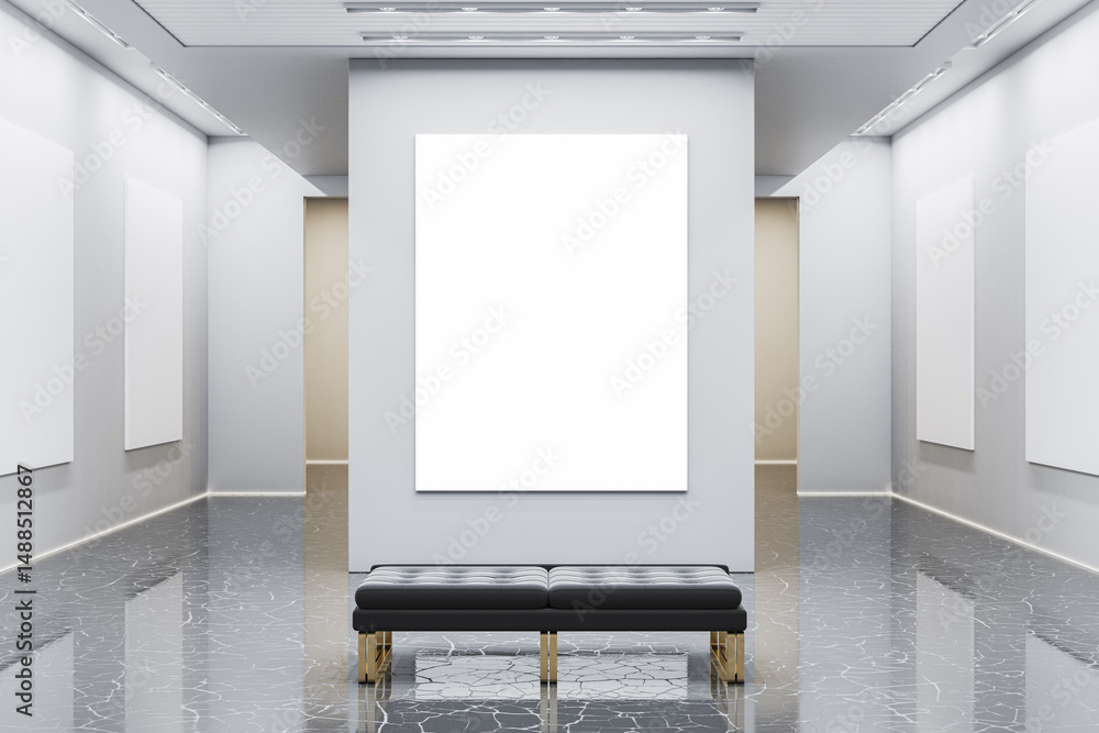 Poster blank vertical canvas mockup in modern art gallery with marble floor, black bench, and soft lighting