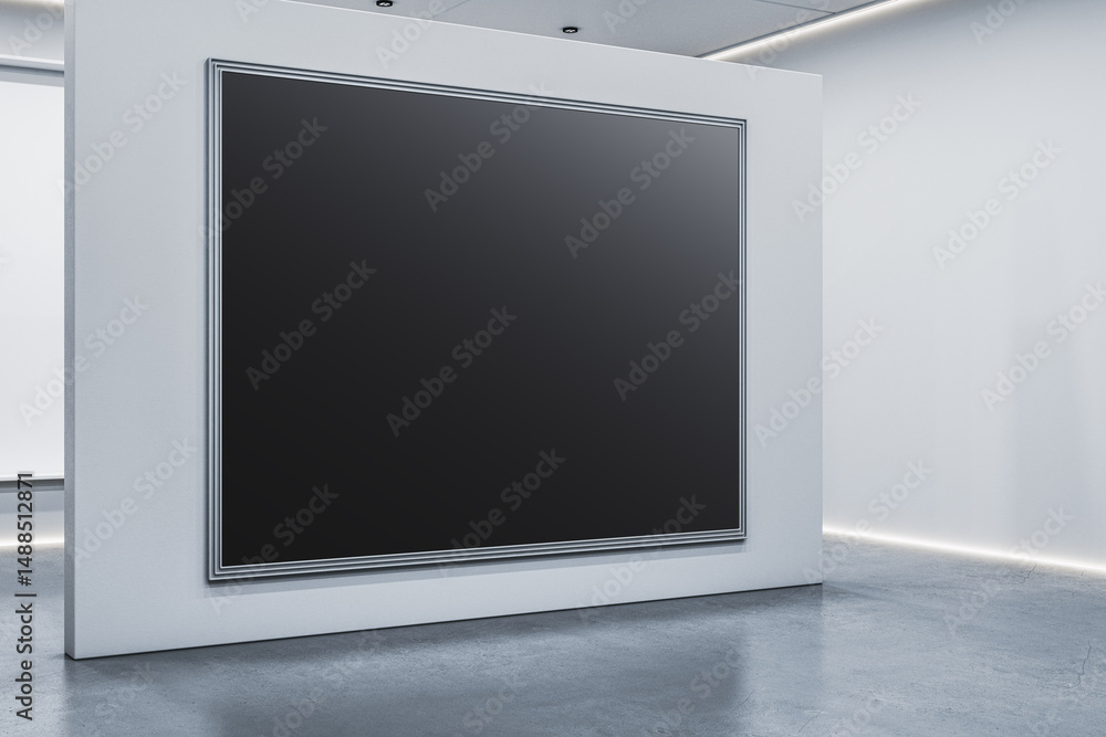 Poster blank black framed display mockup on white wall in modern gallery interior with concrete floor and s