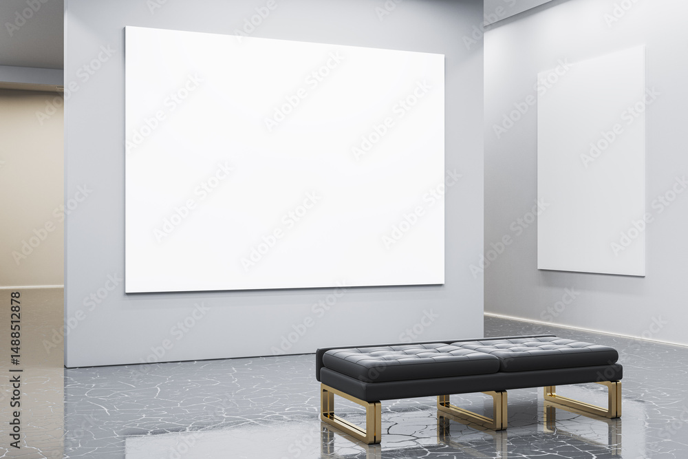 Poster blank canvas mockup in modern gallery interior with marble floor, leather bench, and soft lighting f