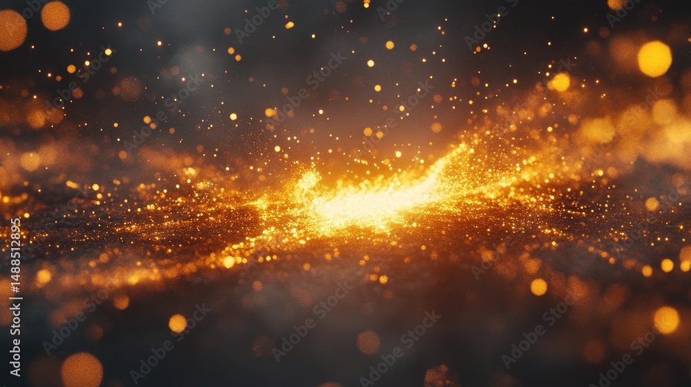 Poster golden particles explode in a dark space.