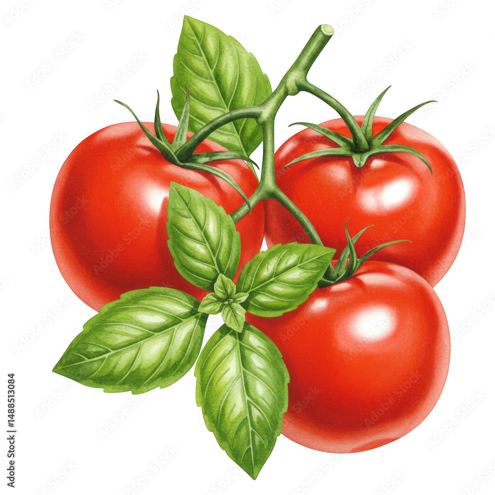 Poster three red tomatoes with basil on vine isolated on transparent background