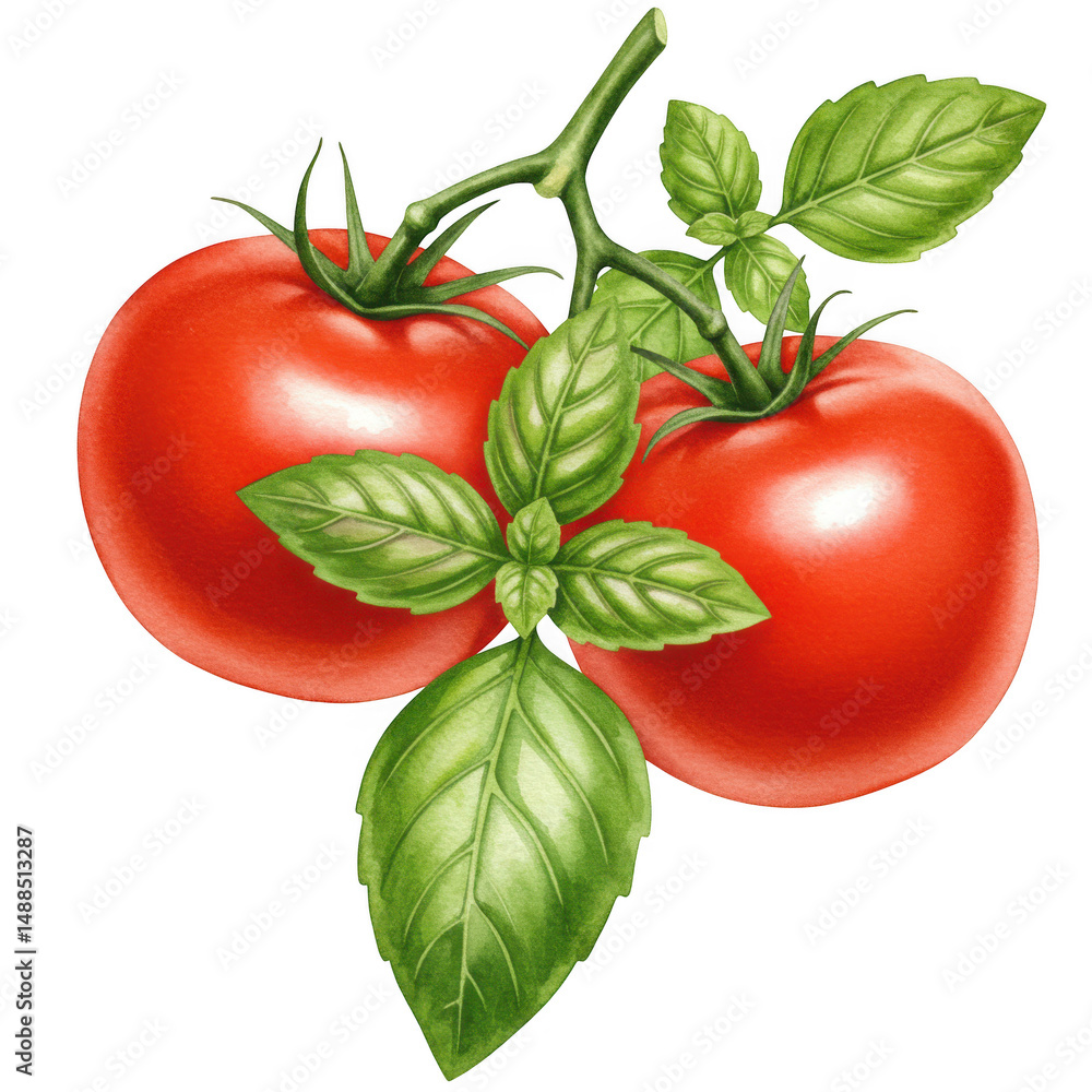 Poster two red tomatoes with basil sprig isolated on transparent background
