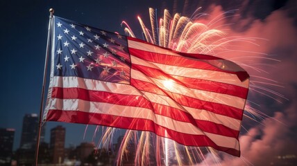 United States close-up flag with fireworks exploding behind it, american flag and fireworks, fourth of july fireworks
