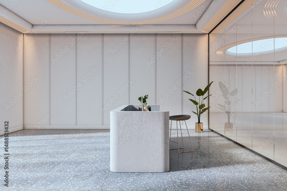 Poster modern minimalist reception counter in bright office interior with skylight and terrazzo floor, refl