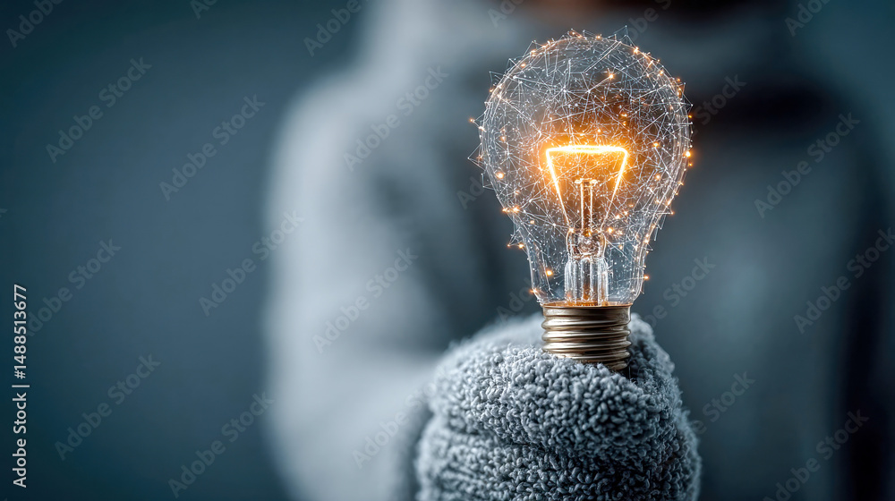 Poster a person in a gray sweater holds a glowing digital light bulb composed of neural-like network lines 