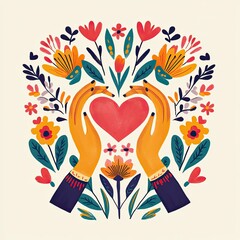 Hands holding heart with floral frame.