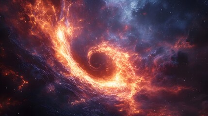 A vibrant nebula spirals into a dark center, a cosmic vortex painted in fiery orange, red, and cool purple hues. Scattered stars enhance the depth. Astronomy and Galaxy backgrounds.