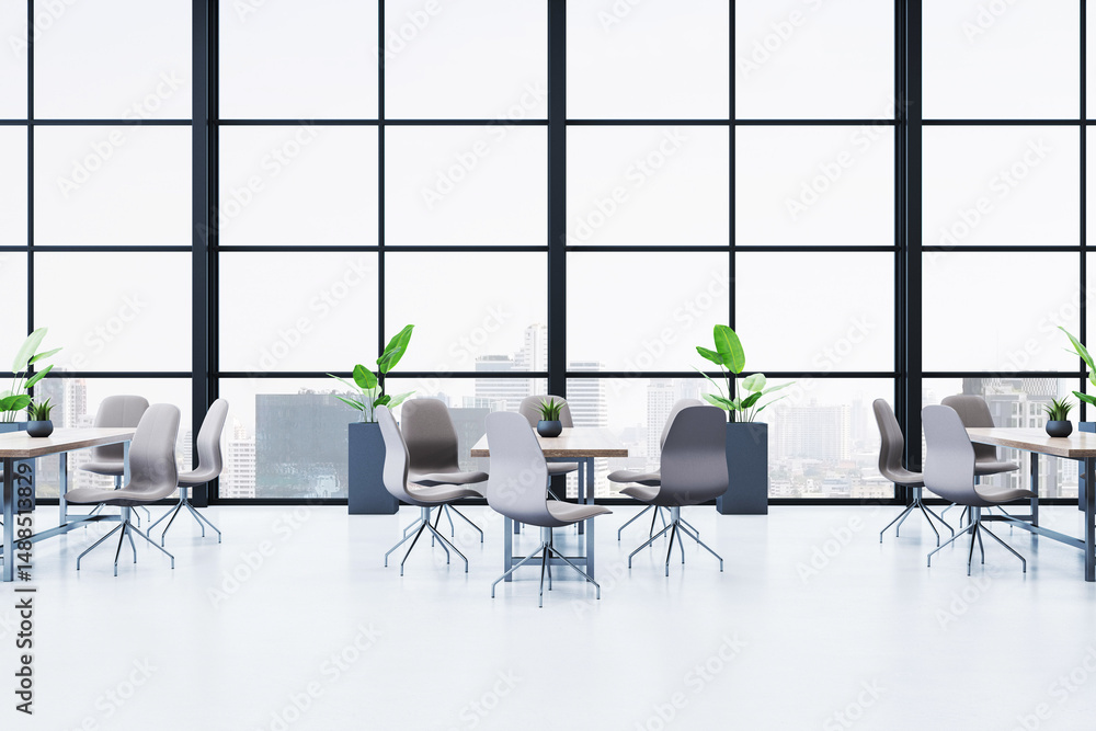 Poster modern empty office interior with large windows, clean minimalist design, contemporary furniture and