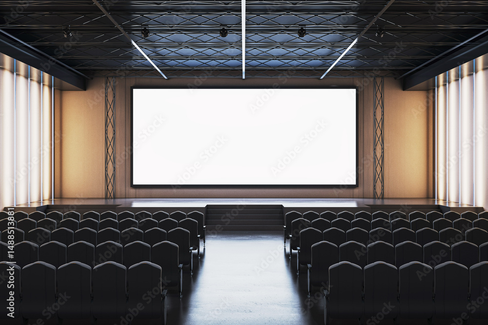 Poster Empty modern conference hall with large blank screen and black chairs arranged in rows for corporate presentation or business event setup. 3D Rendering