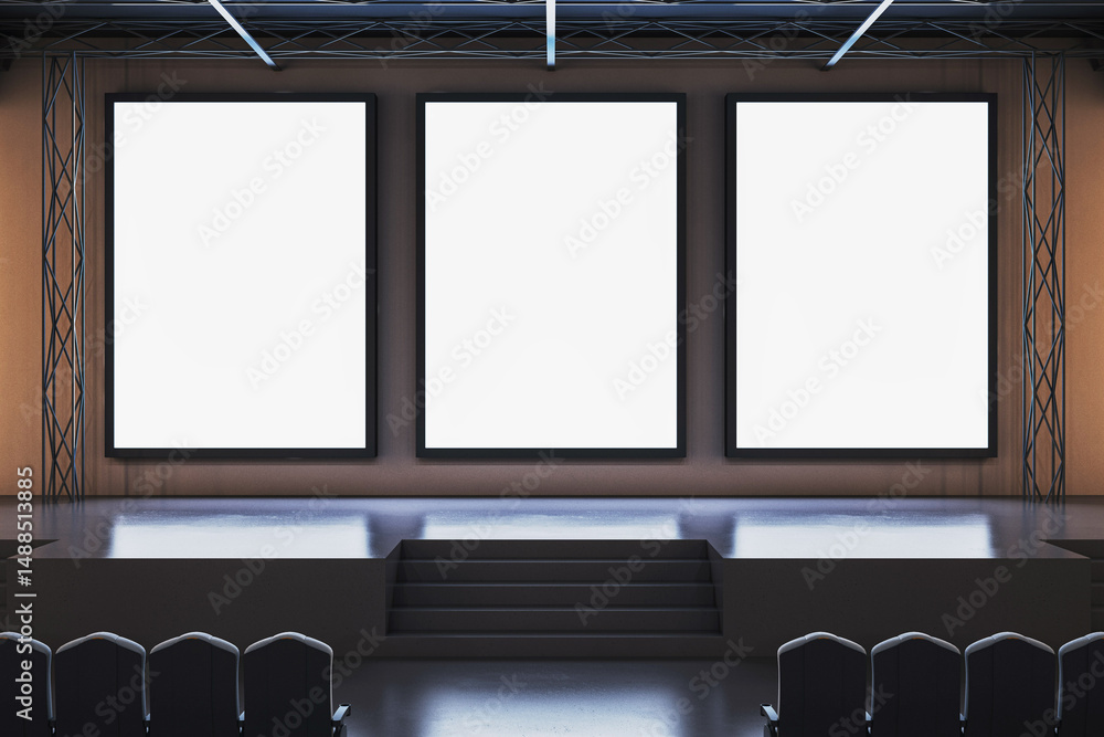Poster empty modern conference stage with three large blank digital screens and black chairs in front, perf