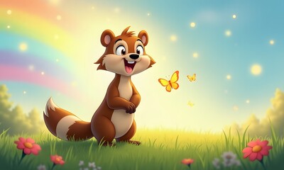 Curious Badger Gazing Wonderously at Yellow Butterfly in Rainbow Garden