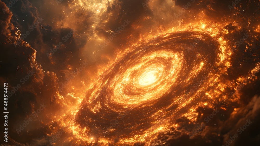 Poster a mesmerizing swirl of orange and yellow hues paints a dynamic galaxy. fiery clouds surround the rad
