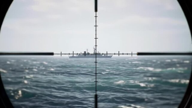 Submarine Captain POV Through Periscope Viewing Surface Ship