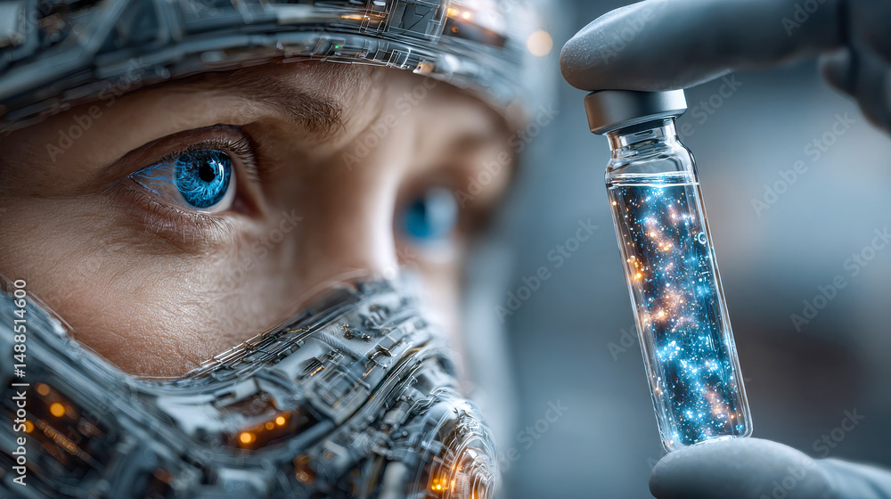 Poster futuristic healthcare worker in a robotic exosuit examining a glowing vial filled with sparkling par