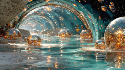 Futuristic glowing orbs floating in a surreal aqua tunnel with reflections and sparkles