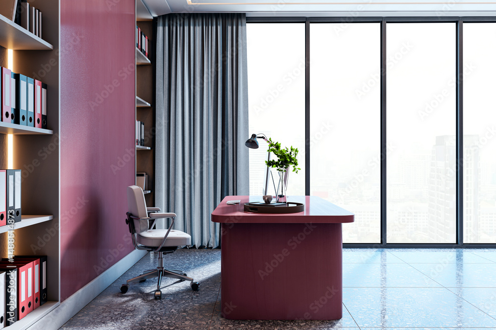 Poster modern empty office interior with large window, red desk, and city view in background on a clean and