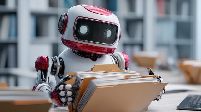 Ai robot holding a book while sorting resumes in clean digital folders with an organized workspace