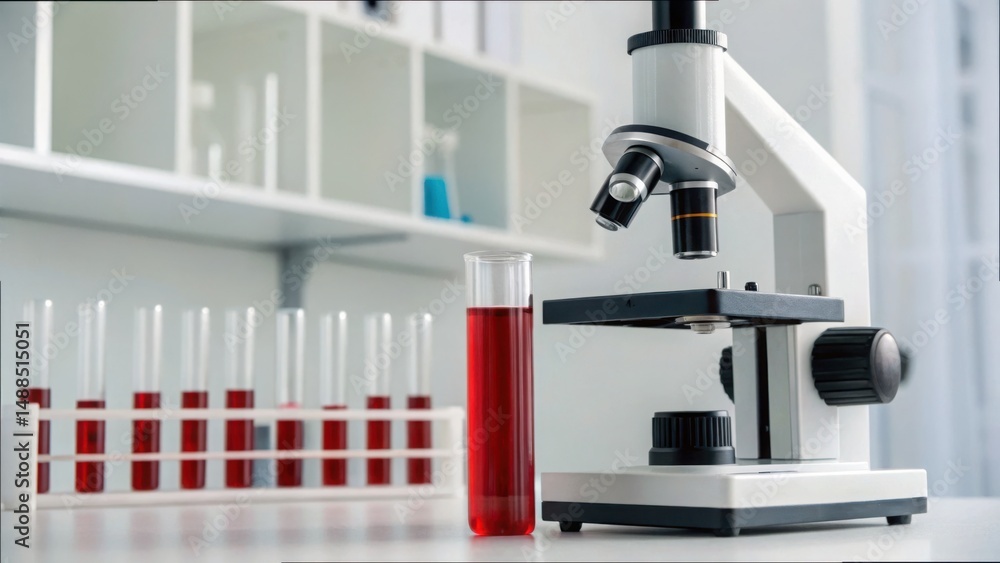 Poster Close-Up of Microscope Analyzing Blood Sample in Laboratory Setting