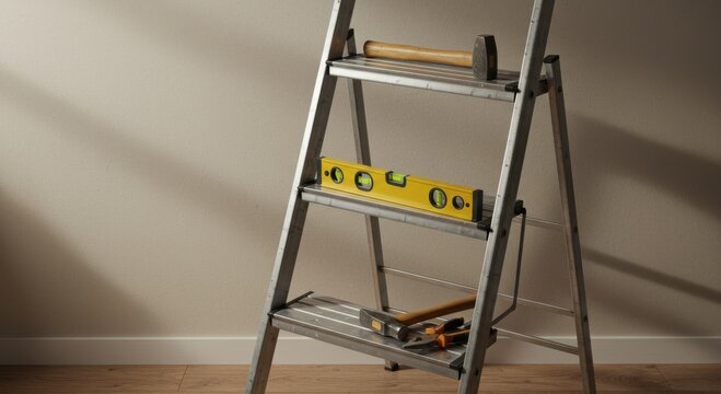 Metal ladder with level and tools in a well-lit indoor setting  