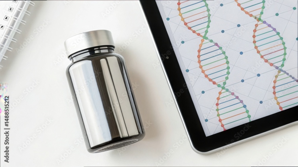 Poster black pill bottle next to tablet displaying dna helix pattern