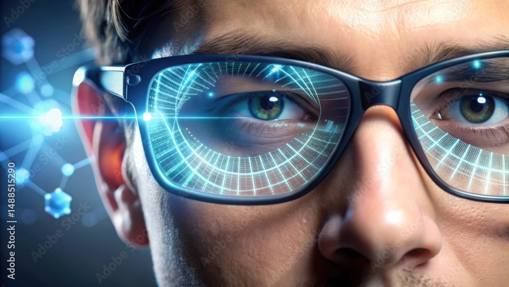 Poster augmented reality glasses with data overlays and digital graphics