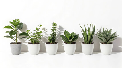 Obraz premium Six potted indoor plants arranged in straight line on white background, creating fresh and calming atmosphere