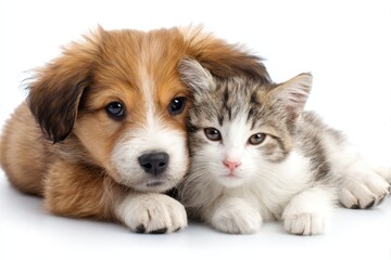 Obraz premium Puppy and kitten lying together on white background. Cat and dog hugging. Advertising theme for pet store or veterinary clinic.