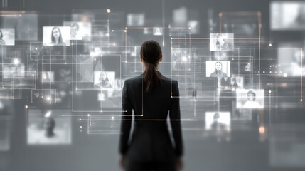 Elegant woman in a black dress engaged in ai recruitment process utilizing social media and resume analysis