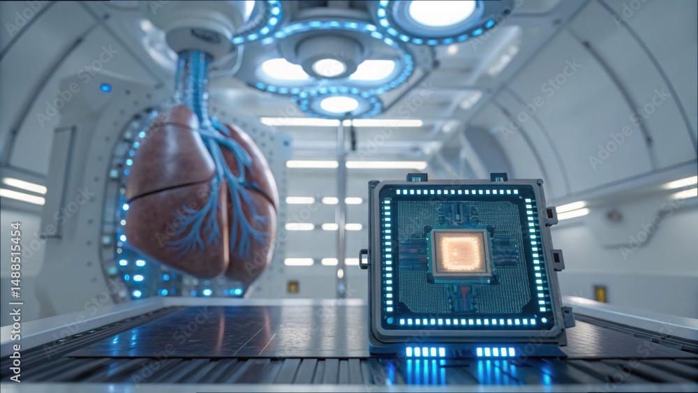 Aufkleber Futuristic Embedded Chip Next to Synthetic Organ in High-Tech Lab